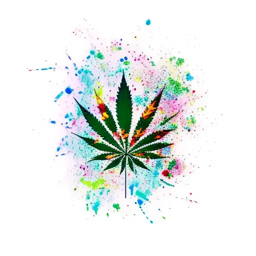 A tattoo design featuring a mix of painting splatter and marijuana leaves intertwined in a colorful and abstract way tattoo design idea