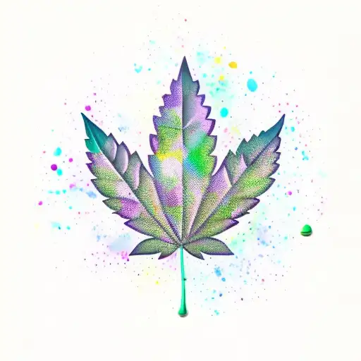 A new-school design of a marijuana leaf surrounded by colorful paint droplets tattoo design idea