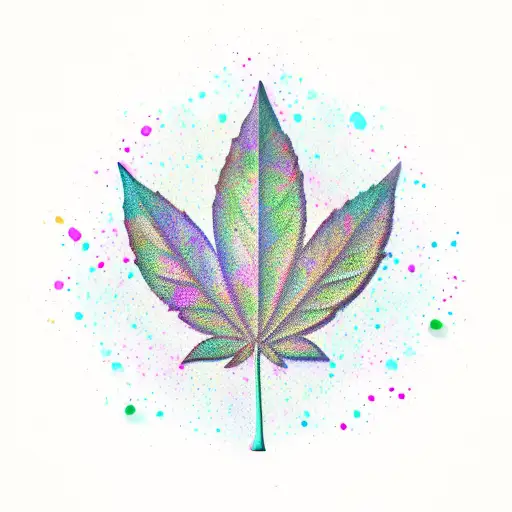 A new-school design of a marijuana leaf surrounded by colorful paint droplets tattoo design idea
