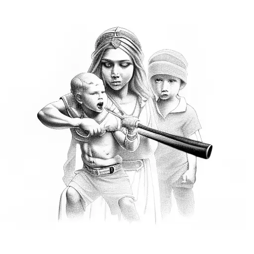 A majestic god-like figure holding a baseball bat and surrounded by children tattoo design idea