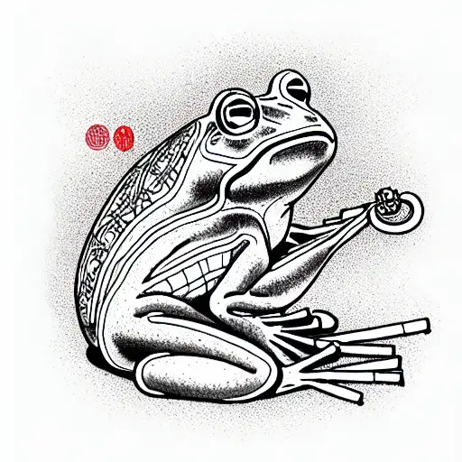frog smokes Asian pipe, exhaling purple smoke, plants on her back tattoo design idea