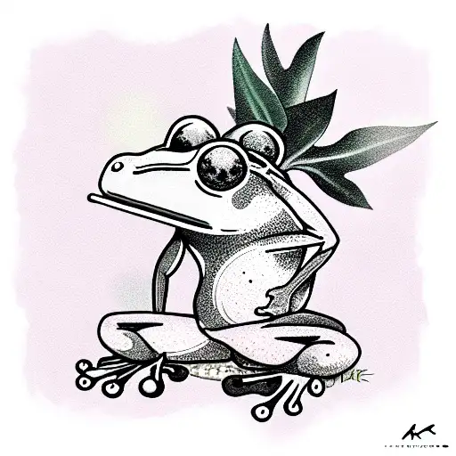 frog smokes Asian pipe, exhaling purple smoke, plants on her back tattoo design idea