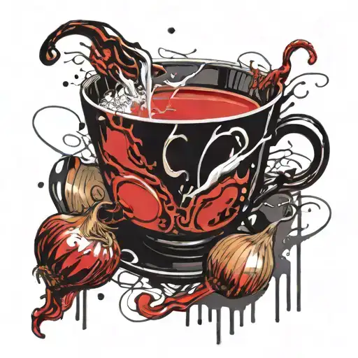 A strange guy pours tea into a mug held by an onion tattoo design idea