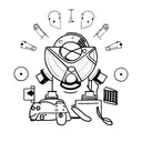 A minimalist tattoo of a clothing store building with a film projector and a game controller on the rooftop tattoo design idea