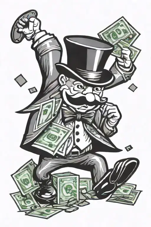 regular monopoly man logo running with a money bag.  tattoo design idea