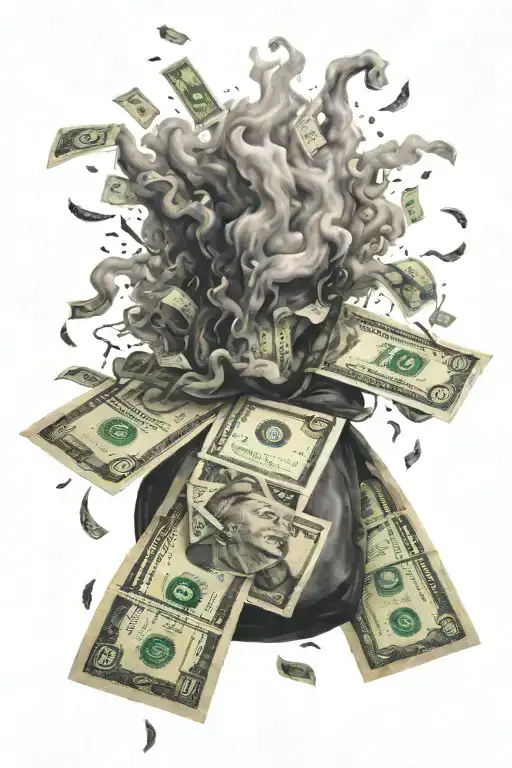 money falling out of a money bag. it turns into black smoke and dark clouds from the top down tattoo design idea