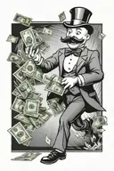 monopoly man running with a money bag. the money bag is loosing money as he is running. the falen money turns into smoke tattoo design idea