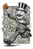 monopoly man running with a money bag. the money bag is loosing money as he is running. the falen money turns into smoke tattoo design idea