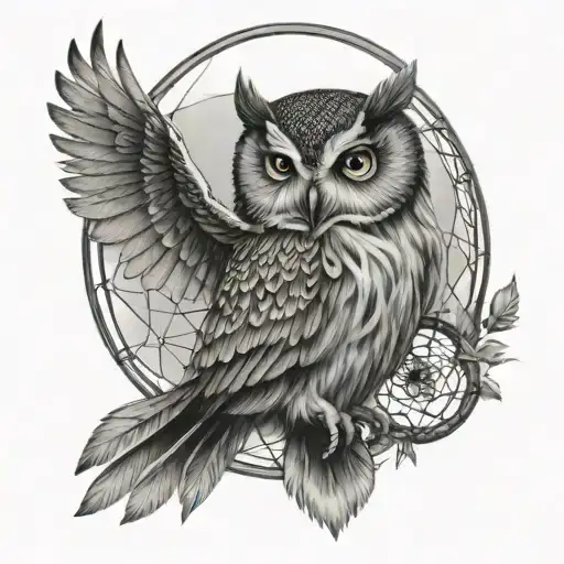 A beautiful owl perched on a branch with a dreamcatcher hanging below, representing intuition and dreams tattoo design idea