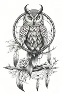 a graceful owl, and below there is one dream catcher tattoo design idea