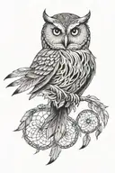a graceful owl, and below there is one dream catcher tattoo design idea