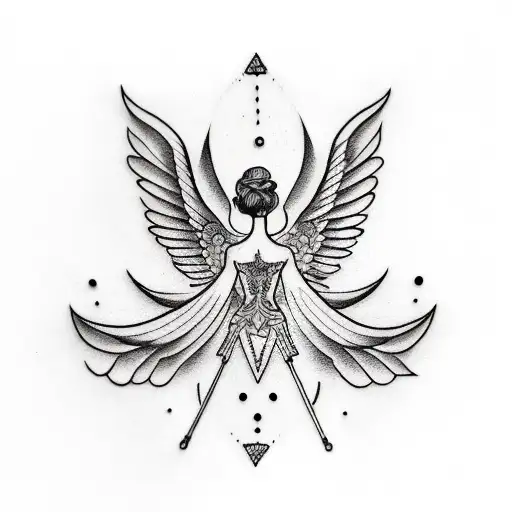 A tattoo combining Greek mythology and music in a dotwork style, showcasing a woman with wings playing a harp tattoo design idea