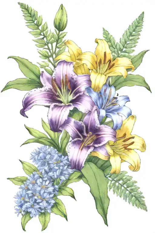 day lily, lupines, asters, buttercups, ferns tattoo design idea
