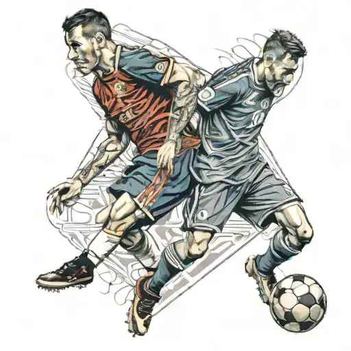 A realism tattoo of a soccer player in a Spanish national team jersey, with a subtle military tribute in the background to honor the client's veteran status tattoo design idea