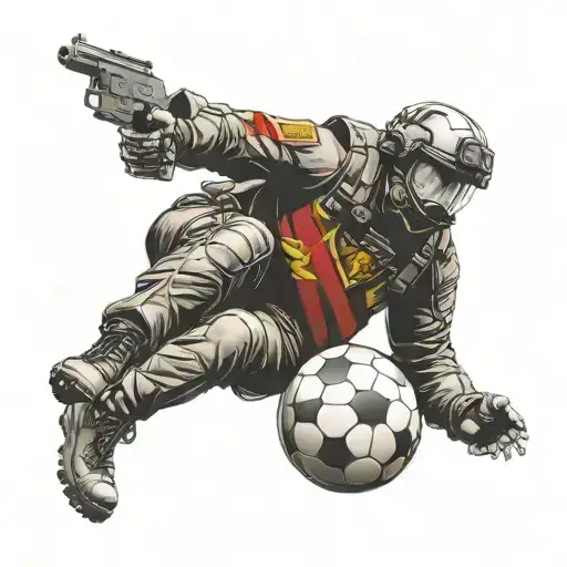 A silhouette of a special forces soldier kicking a soccer ball, with the Spanish flag waving in the background tattoo design idea