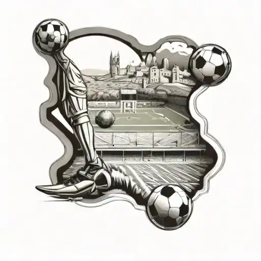 A realistic depiction of a soccer field with iconic Spanish landmarks in the background tattoo design idea