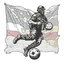 A silhouette of a special forces soldier holding a soccer ball, with the Spanish flag waving in the background tattoo design idea