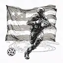 A silhouette of a special forces soldier holding a soccer ball, with the Spanish flag waving in the background tattoo design idea