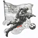 A silhouette of a special forces soldier holding a soccer ball, with the Spanish flag waving in the background tattoo design idea