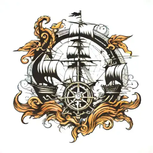 pirate ship kraken compass battle tattoo design idea
