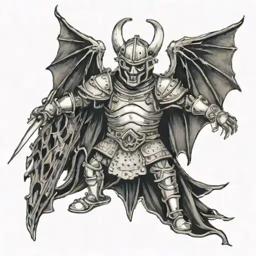 sicilian puppet with gothic armour and bat wings, trying to escape his puppet master tattoo design idea