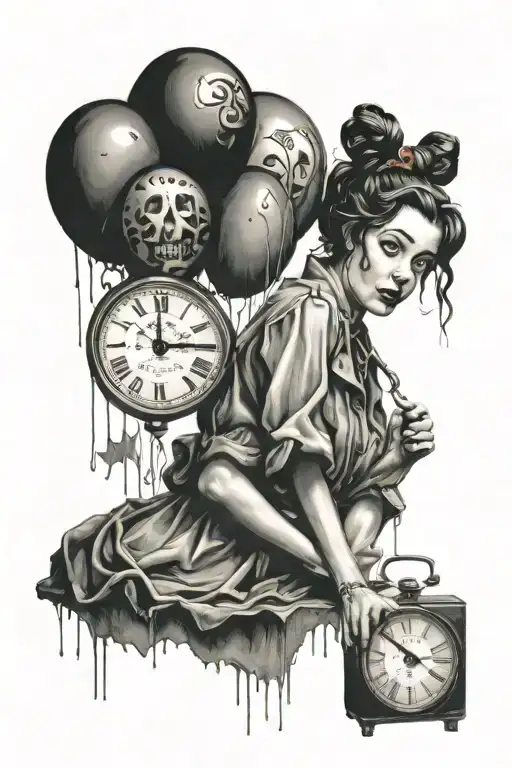 bansky girl holding balloon floating and Dali melting clock tattoo design idea