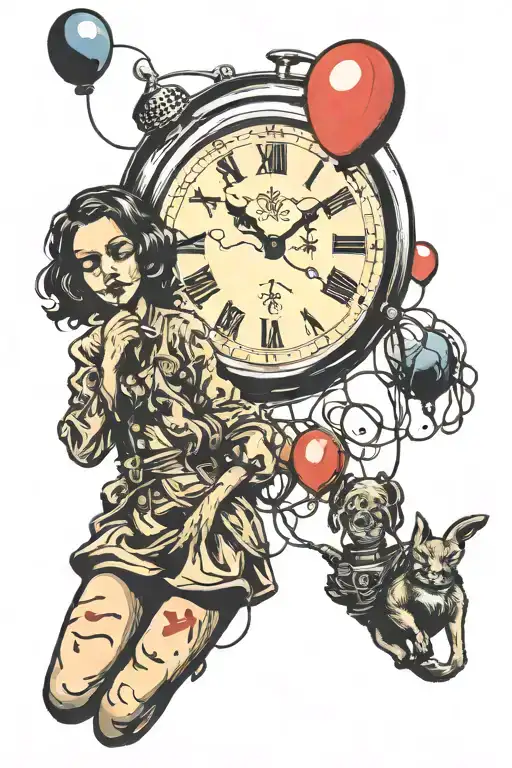 bansky girl holding balloon floating and Dali melting clock tattoo design idea