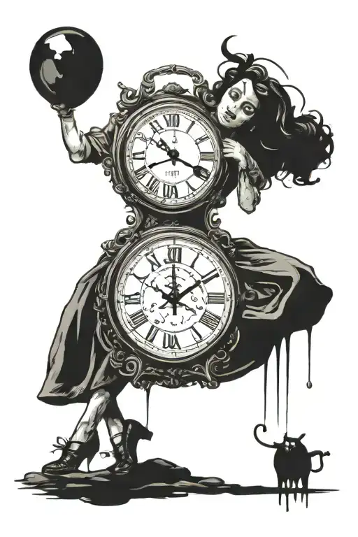 bansky girl holding balloon floating and Dali melting clock tattoo design idea