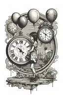bansky girl with  balloon floating and Dali melting clock tattoo design idea