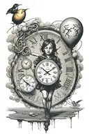 bansky girl with  balloon floating and Dali melting clock tattoo design idea