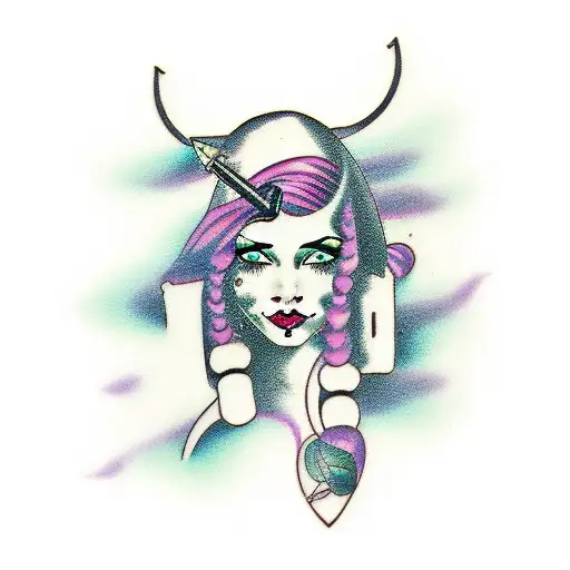 plus sized girl with long purple hair shaved on left side big lips green eyes holding a tattoo gun tattoo design idea