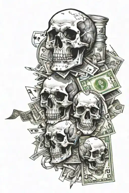 money, skull, gamble roulette tattoo design idea
