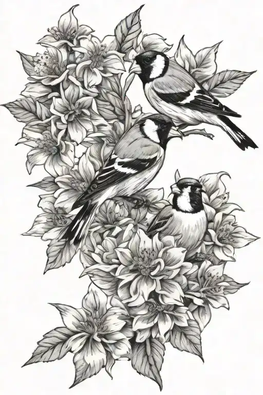 two goldfinch on flower with honeybee less busy tattoo design idea