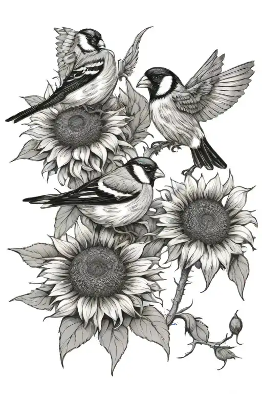 two goldfinch birds on sunflower with honeybee less busy tattoo design idea