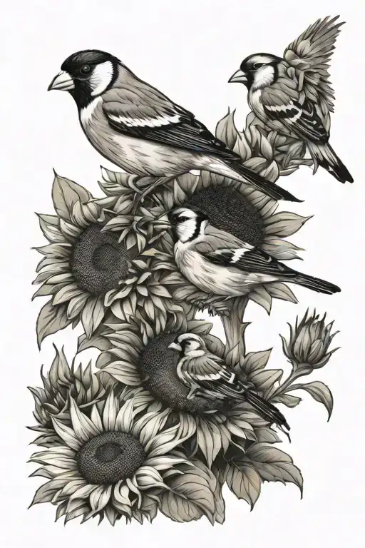 two goldfinch birds on sunflower with honeybee tattoo design idea