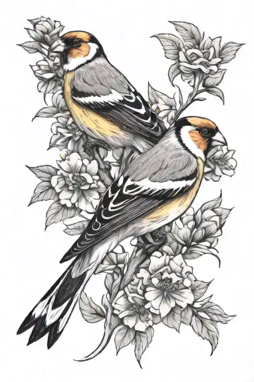 two goldfinch birds perched on flowers tattoo design idea