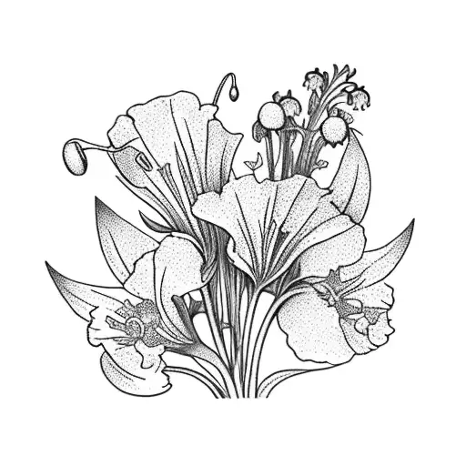 carnation, lily of the valley, poppy, gladiolus, larkspur all in a bouquet tattoo design idea