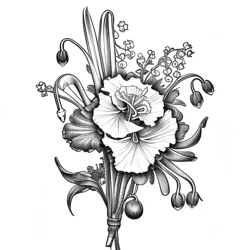 carnation, lily of the valley, poppy, gladiolus, larkspur all in a bouquet tattoo design idea