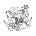 carnation, lily of the valley, poppy, gladiolus, larkspur all in a bouquet tattoo design idea