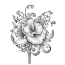 carnation, lily of the valley, poppy, gladiolus, larkspur all in a bouquet tattoo design idea