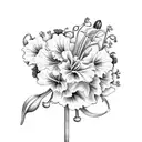 carnation, lily of the valley, poppy, gladiolus, larkspur all in a bouquet tattoo design idea