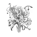 carnation, lily of the valley, poppy, gladiolus, larkspur all in a bouquet tattoo design idea