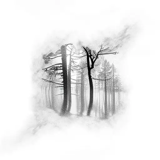 silhouette work of a forest with a reflecting lake below and a space theme background.  tattoo design idea