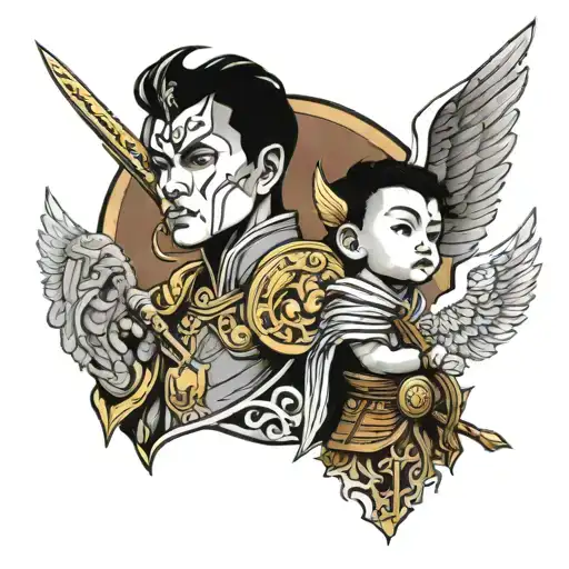 young prince warrior protected by angel tattoo design idea