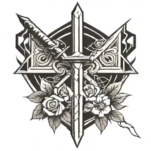 zelda sword with flowers and squares tattoo design idea