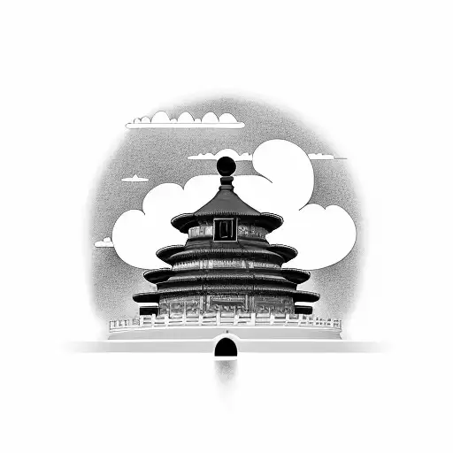 temple of heaven with cloud and a person lightning by a sun tattoo design idea