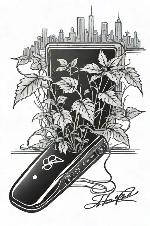 A sketch-style tattoo of a weed plant growing out of a PS5 console, with the Knicks NYC skyline in the background tattoo design idea