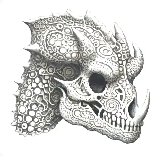 A triceratops skull with intricate dotwork patterns, representing the complexity of paleontology tattoo design idea