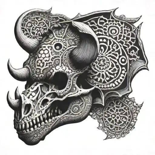 A triceratops skull with intricate dotwork patterns, representing the complexity of paleontology tattoo design idea