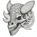 A triceratops skull with intricate dotwork patterns, representing the complexity of paleontology tattoo design idea